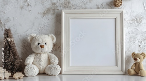 soft nursery arrangement featuring a blank frame plush teddy bears and miniature decorative tree ideal for baby announcements or product mockups