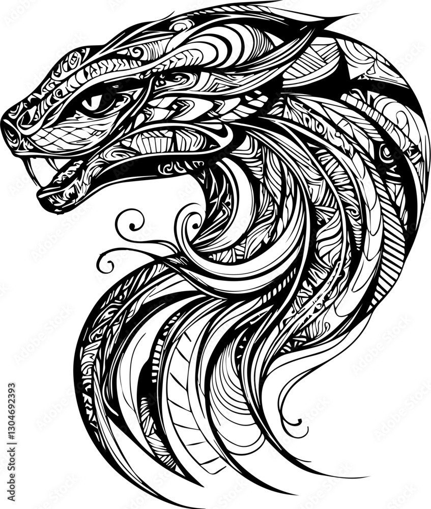 Obraz premium SVG vector features zentangle animal designs. Intricate Black and White Dragon Head with Flowing Hair
