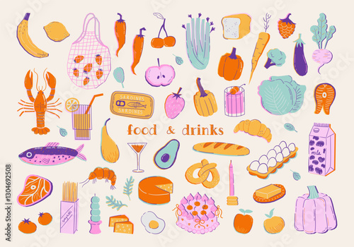 Set of contemporary art food illustrations. Vegetables, fruits, berries, lobster, fish in trendy geometric style. Colorful abstract dinner party drawings. Vector graphic