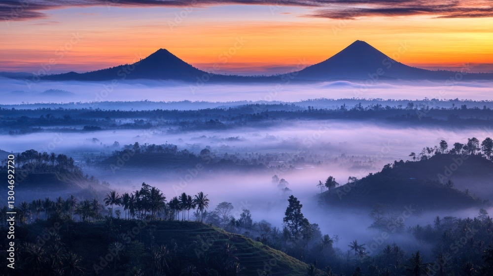 Fototapeta premium Misty sunrise over twin volcanic peaks and valley.