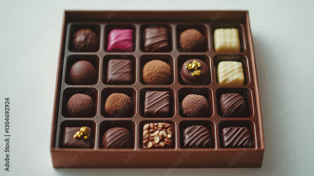 Luxurious assorted gourmet truffles in a beautifully crafted box on a white backdrop Luxurious assorted gourmet truffles in a beautifully crafted box on a white backdrop