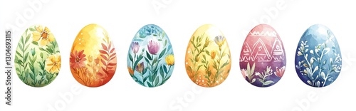 Watercolor Easter eggs with floral and geometric patterns on white background. Vector-style design for holiday cards, spring campaigns, or craft projects.  

