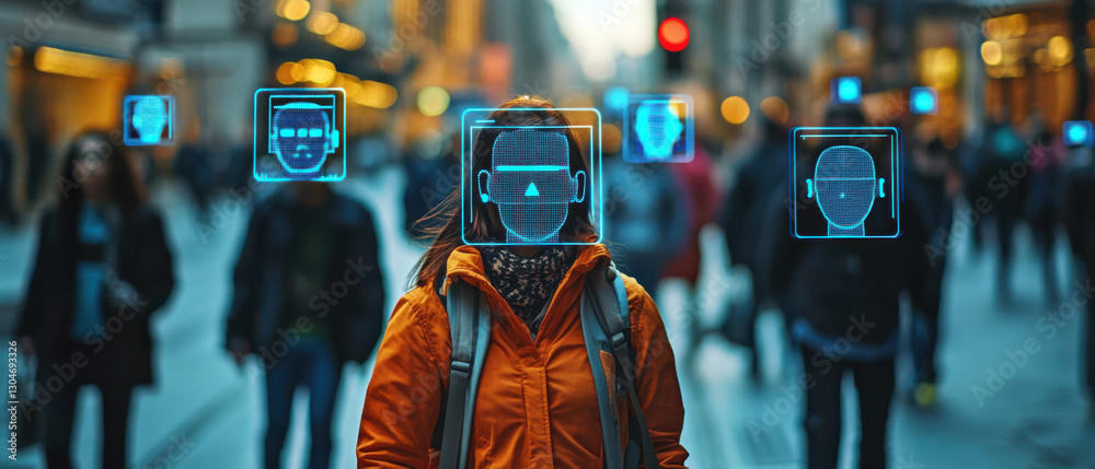 Facial recognition technology in urban environment with diverse individuals in a busy city street scene
