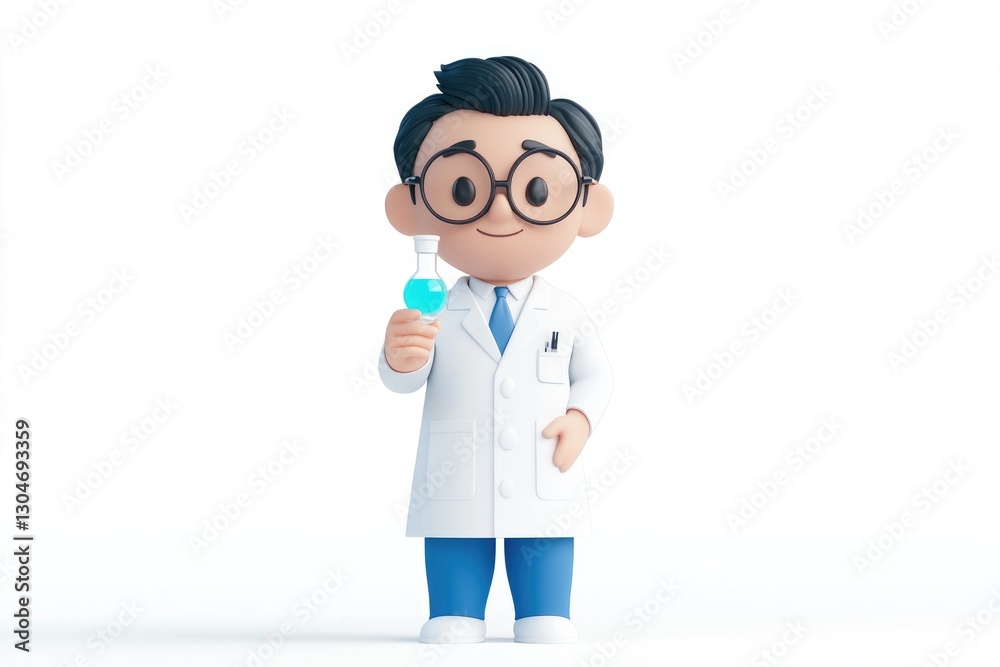 Cheerful scientist holds flask, showcasing curiosity and innovat Cheerful scientist holds flask, showcasing curiosity and innovat