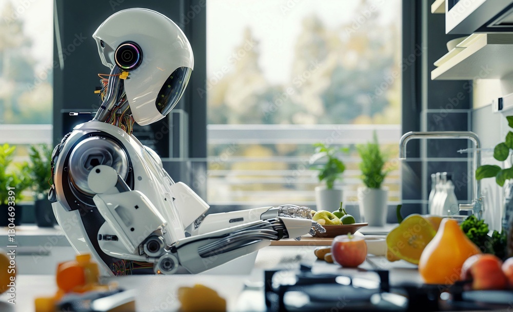 Fototapeta premium Humanoid robot prepares salad in modern kitchen. Artificial intelligence concept, home assistant, 3d rendering.