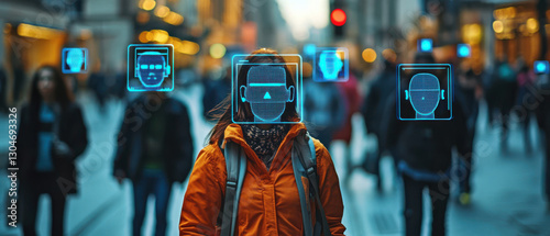Obraz na płótnie Facial recognition technology in urban environment with diverse individuals in a busy city street scene w salonie
