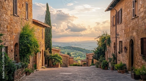 Sunset view from a narrow cobblestone street in an Italian village.