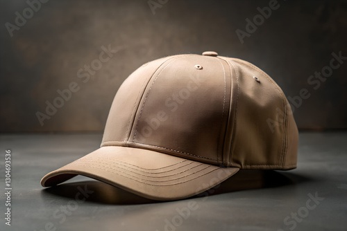 Wallpaper Mural Mockup. Stylish baseball beige cap mockup on dark surface, closeup. Mockup for your design. Torontodigital.ca