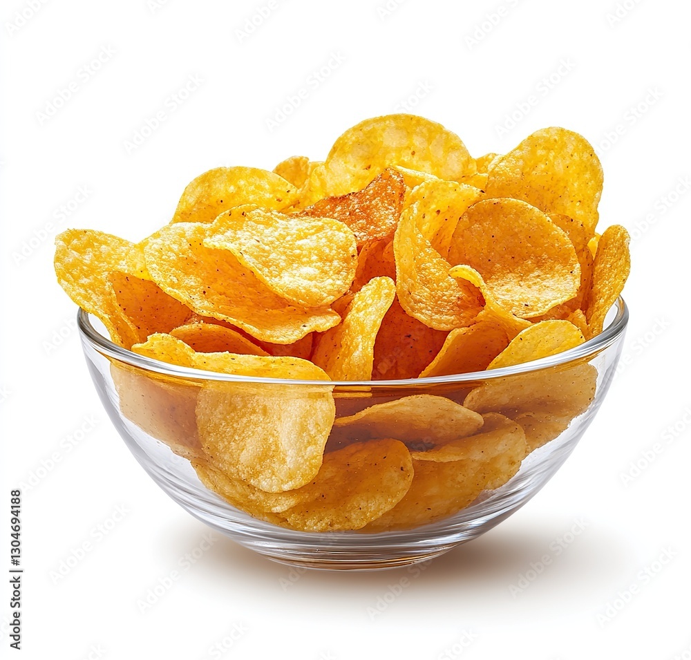 Chips in a glass bowl isolated on white background, detailed PNG photo. Snack food photography for packaging, menus, or vending machine displays Chips in a glass bowl isolated on white background, detailed PNG photo. Snack food photography for packaging, menus, or vending machine displays