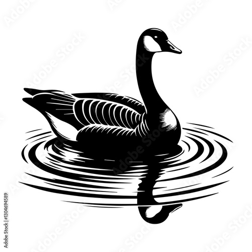 A goose in the water is a black and white silhouette. The EPS vector.