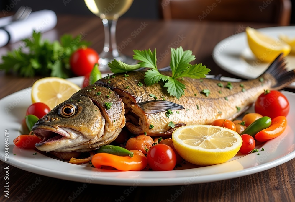 Restaurant-Quality Roasted Fish: A Mouthwatering Photo of a Whole Roasted Fish on a Plate, Adorned with Colorful Vegetables, Aromatic Herbs, and Zesty Lemon Slices.
Restaurant-Quality Roasted Fish: A Mouthwatering Photo of a Whole Roasted Fish on a Plate, Adorned with Colorful Vegetables, Aromatic Herbs, and Zesty Lemon Slices.