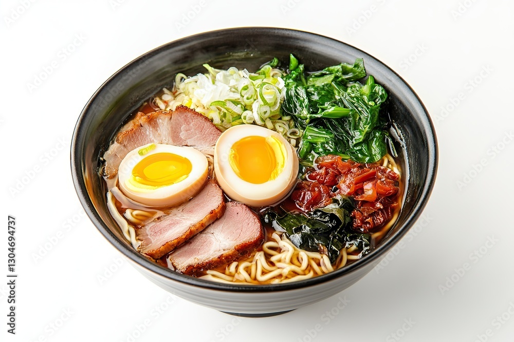 Ramen bowl with eggs, pork, and greens isolated on white background, top view. Japanese cuisine photography for restaurant menus or food delivery apps. Ramen bowl with eggs, pork, and greens isolated on white background, top view. Japanese cuisine photography for restaurant menus or food delivery apps.