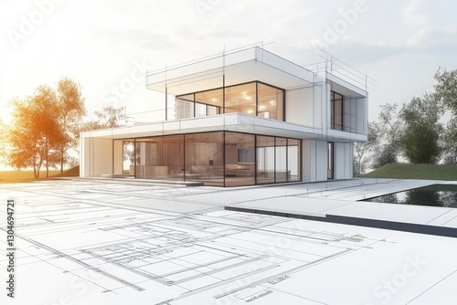 Modern House Blueprint, Sunset, Landscape, Design photo