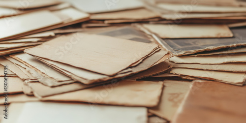 Collection of vintage blank papers and envelopes in antique with weathered edges piled together