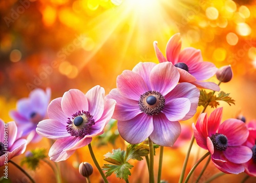 October Sunshine: Vibrant Anemone Flowers in Selective Focus