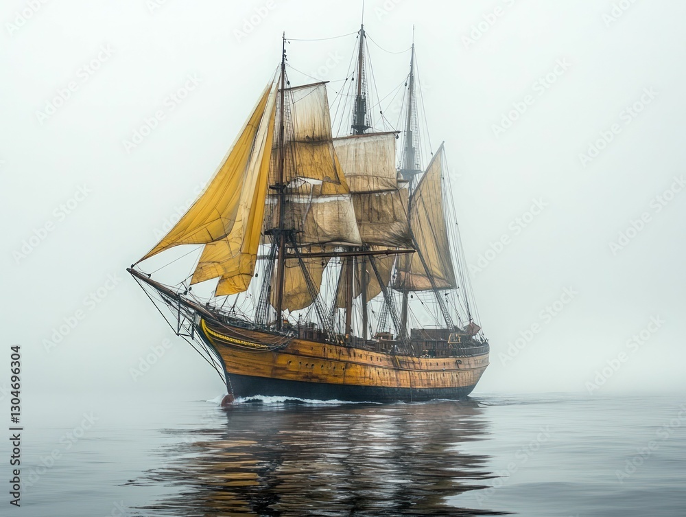 Obraz premium Majestic sailing ship glides through misty sea
