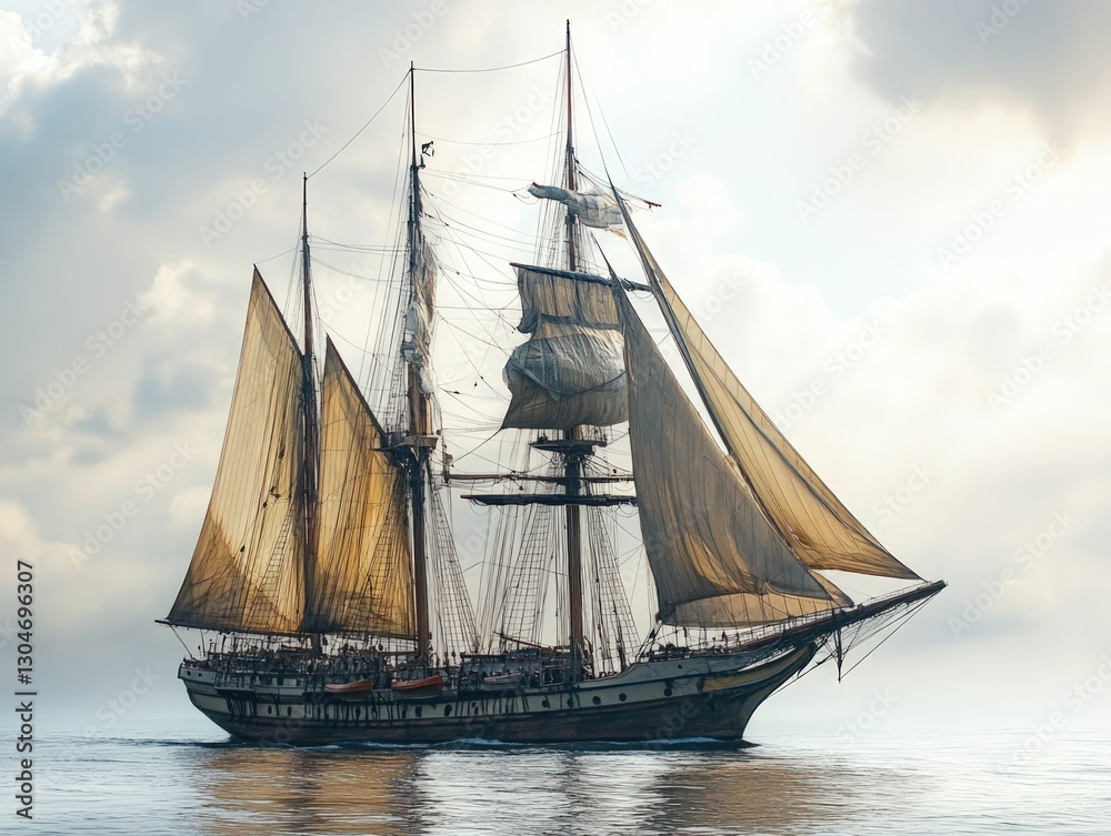 Majestic sailing ship glides across calm sea under cloudy sky Majestic sailing ship glides across calm sea under cloudy sky