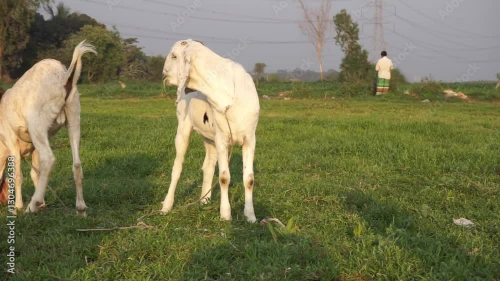 A goat grazing on in the green grass, Young goat eating grass and walking on a meadow, A sheep grazing on a village farmland A goat grazing on in the green grass, Young goat eating grass and walking on a meadow, A sheep grazing on a village farmland