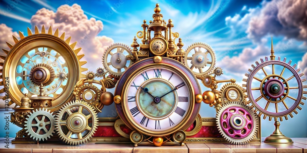 Obraz premium An elaborate arrangement of golden clocks and gears set against a backdrop of soft clouds and vibrant blue skies, evoking a sense of wonder and nostalgia for a bygone era.