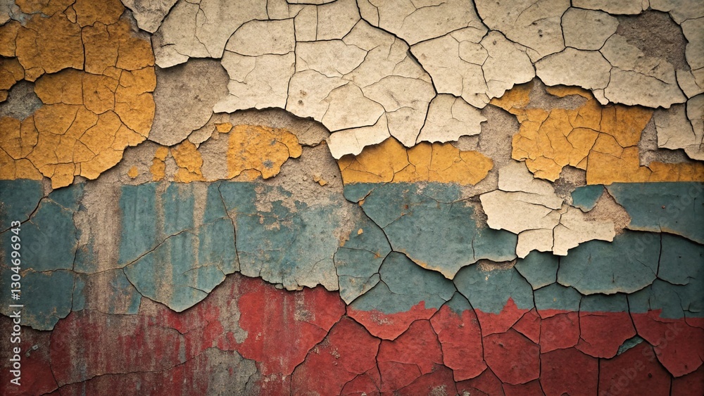 Fototapeta premium Cracked paint texture, peeling layers, weathered surface, vintage colors, rust tones, teal blue, deep red, geometric patterns, abstract background, grungy aesthetic, close-up photography