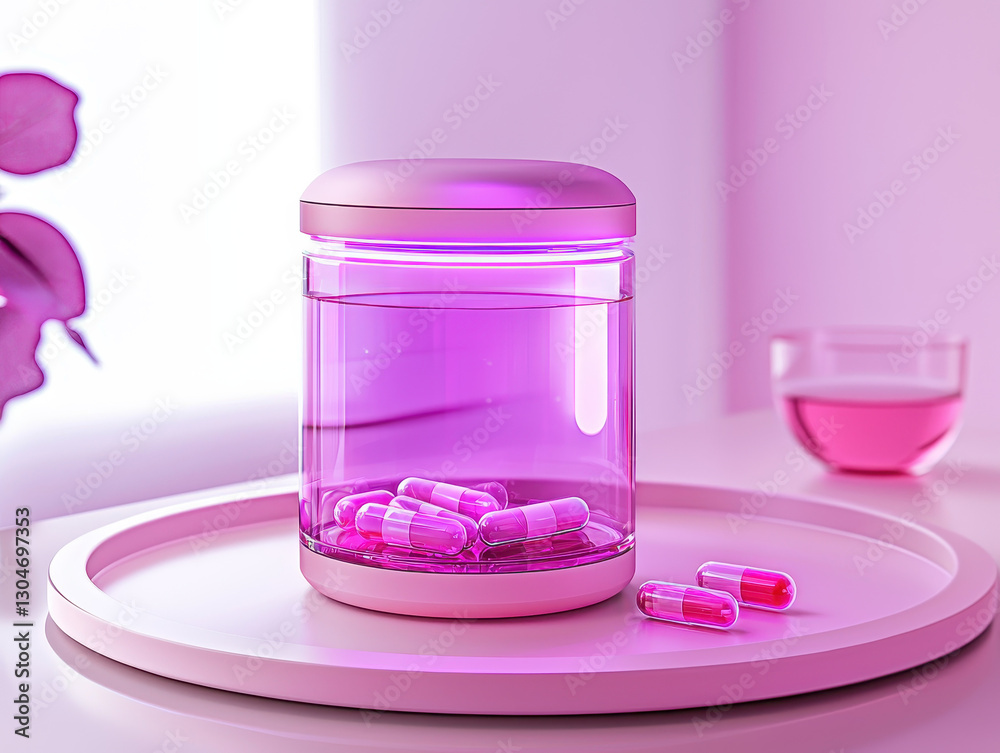 Sleek futuristic smart drug showcase in luxurious minimalistic setting Sleek futuristic smart drug showcase in luxurious minimalistic setting