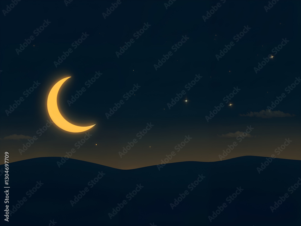 A scenic crescent moon rising above distant rolling hills at night. Generative AI A scenic crescent moon rising above distant rolling hills at night. Generative AI