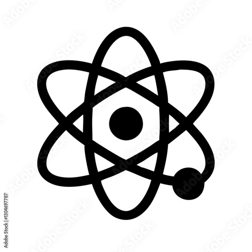 Atom symbol icon, bold style, black silhouette, science and physics representation

