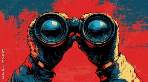 Gloved hands hold binoculars searching distant view