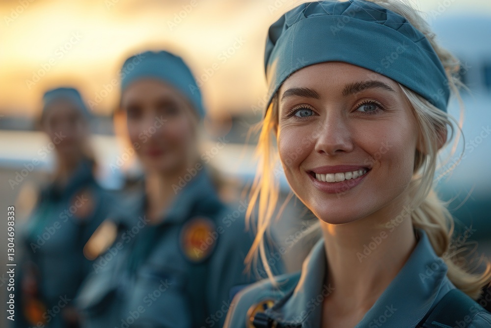 Smiling female pilot in focus with colleagues in the background, all wearing uniforms, against a stunning sunset highlighting their teamwork and professionalism Smiling female pilot in focus with colleagues in the background, all wearing uniforms, against a stunning sunset highlighting their teamwork and professionalism