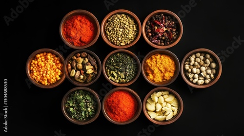 an array of vibrant spices in rustic wooden bowls presented against a stark black backdrop showcasing culinary diversity and aromatic ingredients photo