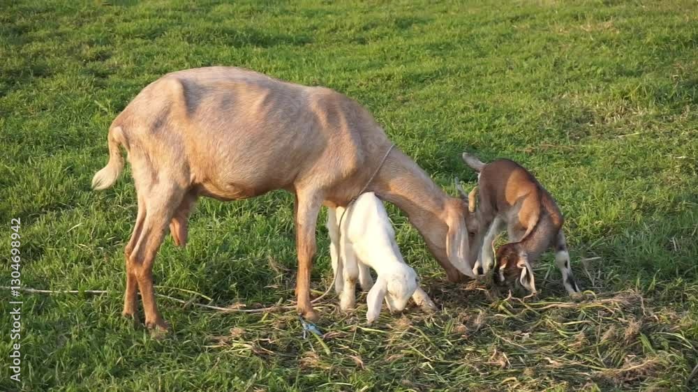 A flock of baby goat grazing with their mother, A group of playful young sheep eating grass, Mother goat teaching kids how to eat grass A flock of baby goat grazing with their mother, A group of playful young sheep eating grass, Mother goat teaching kids how to eat grass