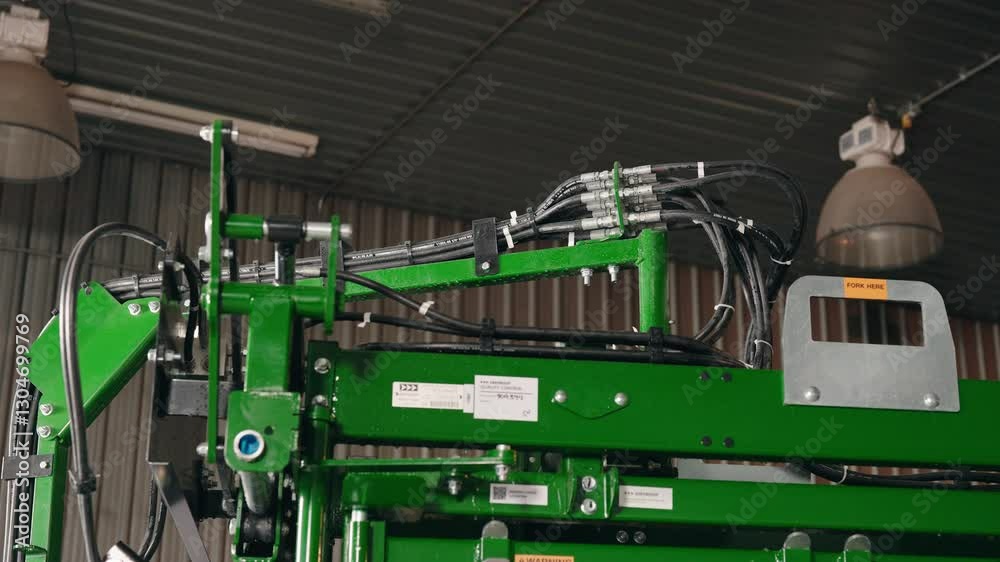 A close-up view reveals moving hydraulic arms, wires, and metal in a farm shed A close-up view reveals moving hydraulic arms, wires, and metal in a farm shed