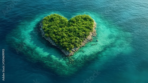 An isolated green island shaped like a heart, surrounded by crystal-clear blue water, isometric angle