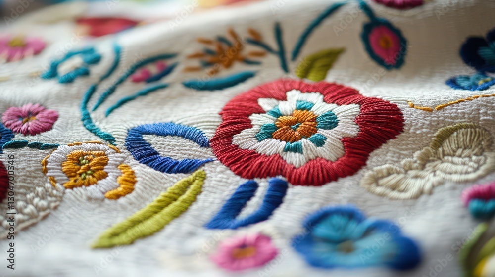 Obraz premium Colorful Floral Embroidery on White Fabric