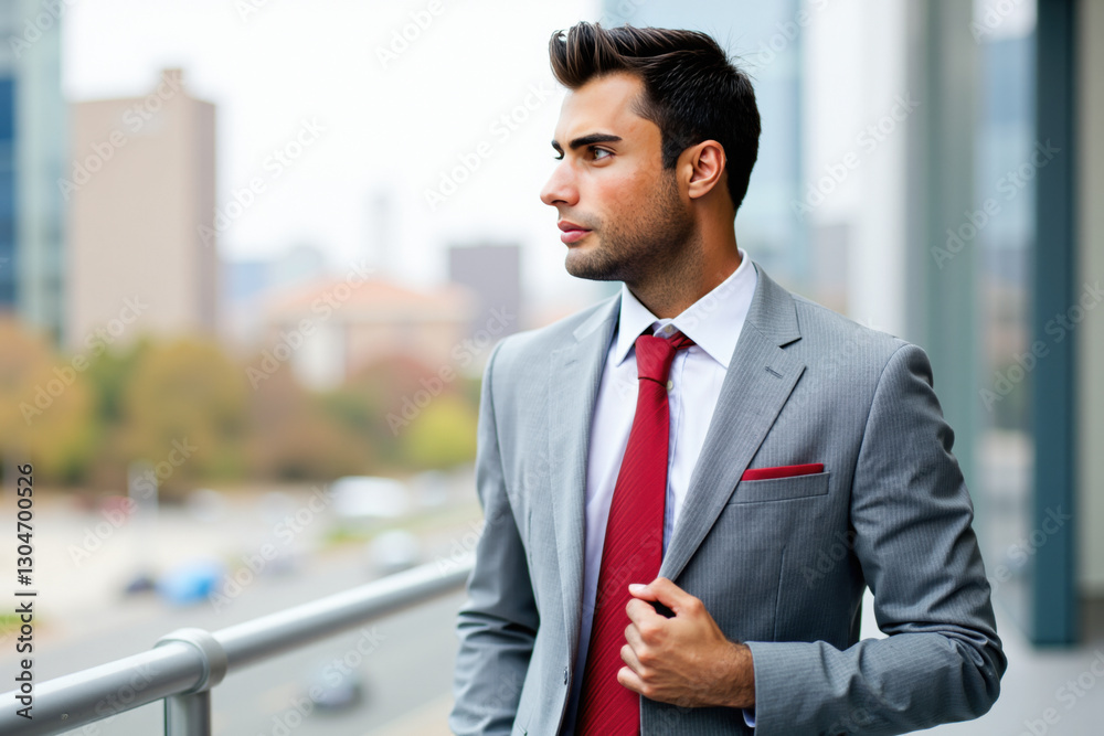 Portrait of businessman adjusting his red tie looking away on office balcony Portrait of businessman adjusting his red tie looking away on office balcony