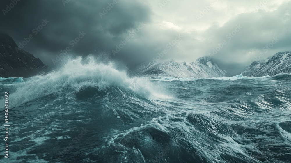Powerful ocean waves crashing against a dramatic mountain backdrop under a stormy sky. Powerful ocean waves crashing against a dramatic mountain backdrop under a stormy sky.