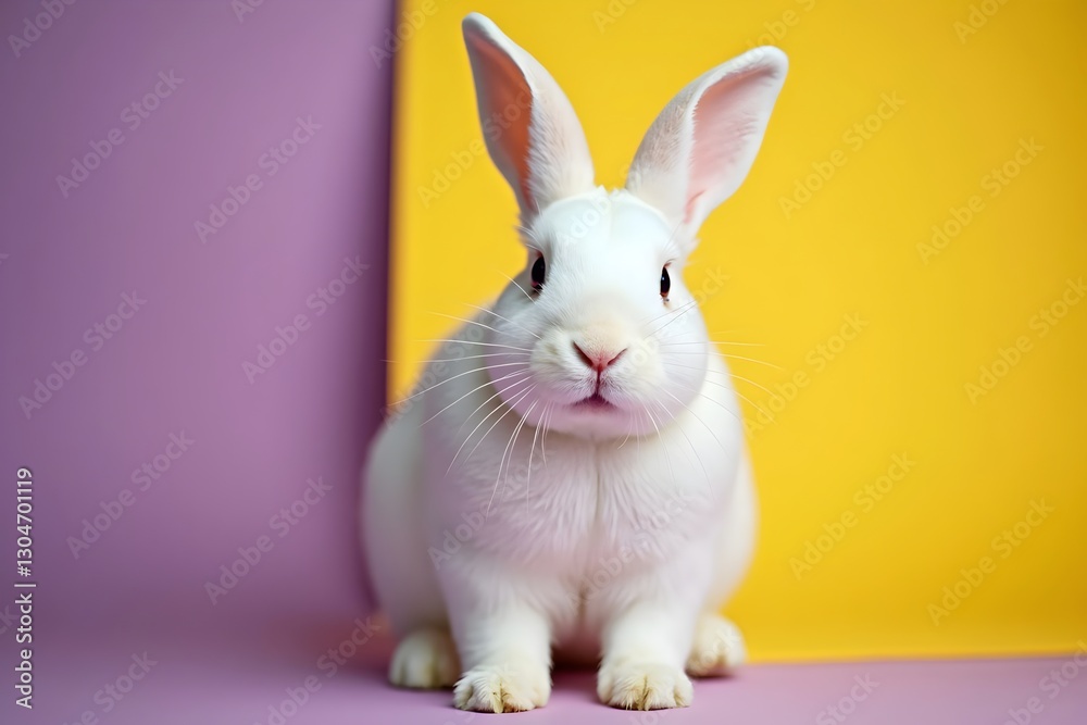 Fototapeta premium AI Generated Adorable White Rabbit on Colorful Background with Purple and Yellow