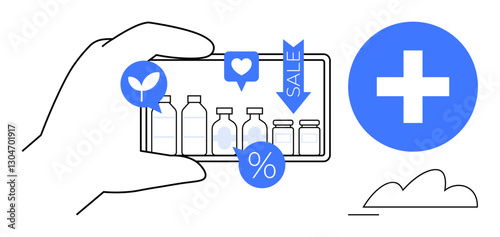 Hand holding smartphone displaying medicine bottles, discount symbols, eco-friendly icon, and sale promotion. Ideal for healthcare, e-commerce, discounts, online convenience, wellness