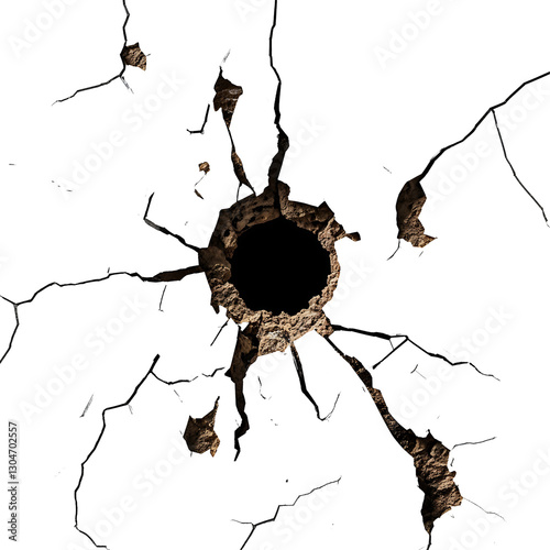 hole in the wall, Bullet Hole in Glass PNG with Shattered Glass Texture Radiating Cracks High Contrast and Sharp Photorealistic Detail on a White Background