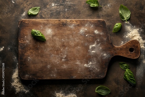 Professional photo of an empty wooden pizza peel with scattered flour and basil leaves, creating a rustic Italian feel, with enough empty space for a menu overlay. photo