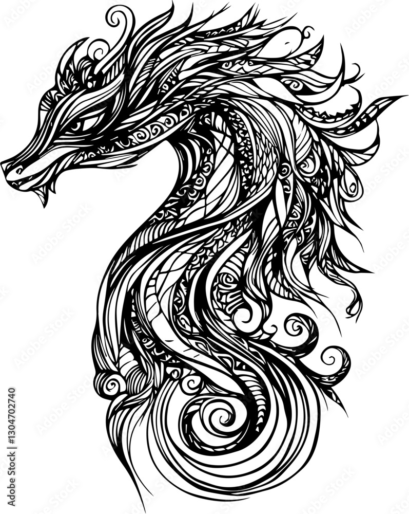 Obraz premium SVG vector features zentangle animal designs. Intricate Black and White Dragon Illustration with Swirls