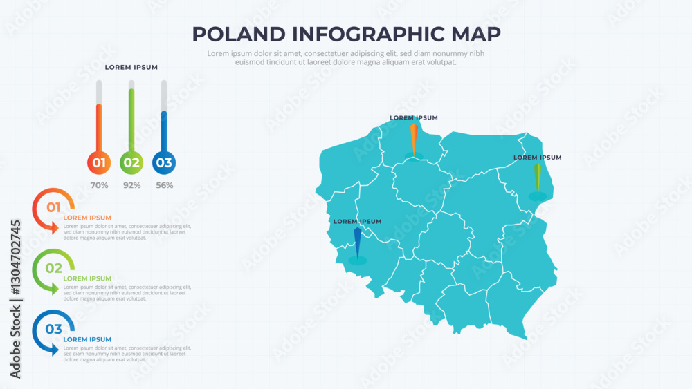 Obraz premium Infographic Map of Poland. Poland country map infographic colored vector template with regions and pointer marks.