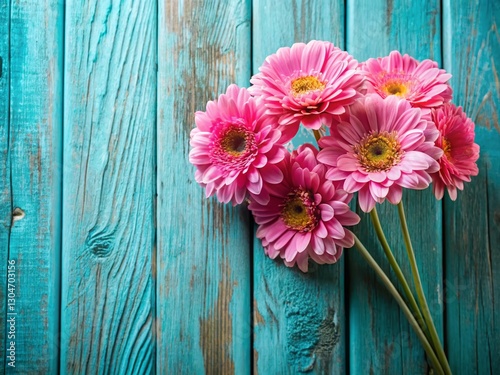 Panoramic Pink Flowers on Blue Wood Background - Spring Floral Photography