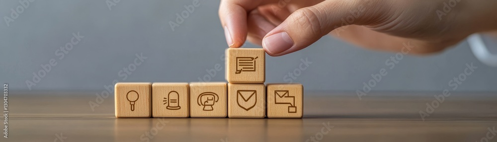 Obraz premium Hand Placing Wooden Block with Business Icons on Surface for Concept