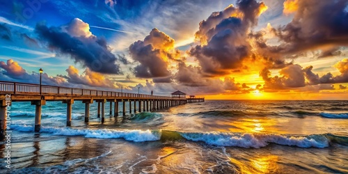 Panoramic Sunset Pier Seascape: Golden Hour Coastal View