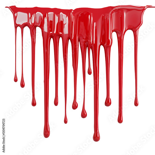 Red Paint Drips PNG Blood Like Liquid with Viscous Fluid Streaks and Glossy Texture on Stark White Background for Horror and Halloween Aesthetic