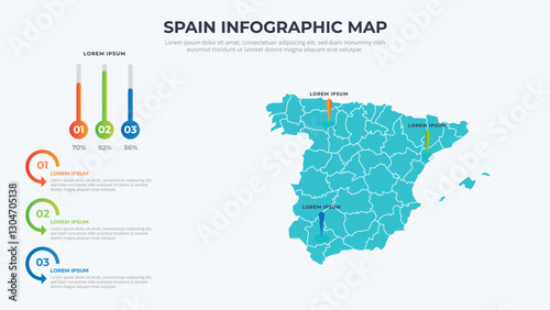 Infographic Map of Spain. Spain country map infographic colored vector template with regions and pointer marks.