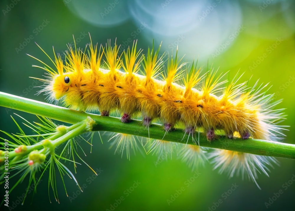 Panoramic View of Fuzzy Yellow Bear Caterpillar Climbing Green Plant Stem Panoramic View of Fuzzy Yellow Bear Caterpillar Climbing Green Plant Stem
