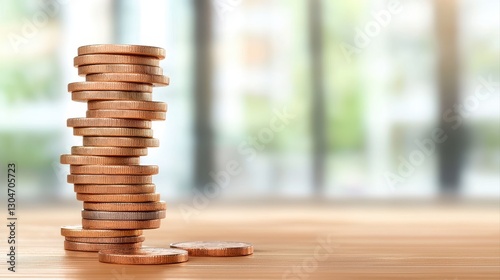 Stack of coins on a table representing business and finance concepts with depth of field focus