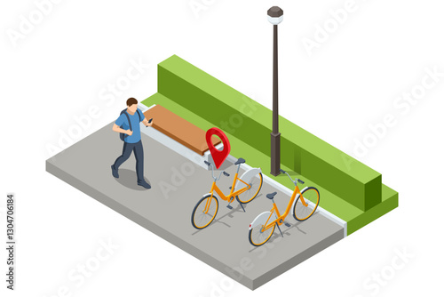 An isometric vector illustration of a man checking his phone near two orange rental bikes marked by a location pin, a bench, and a lamppost in a clean 3D outdoor setting